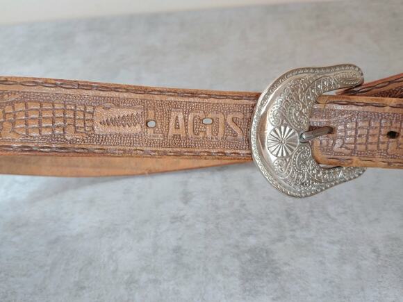 Lacoste Accessories - Vintage Lacoste Tooled Leather Western Belt Brown Croc Embossed Silver Buckle 38